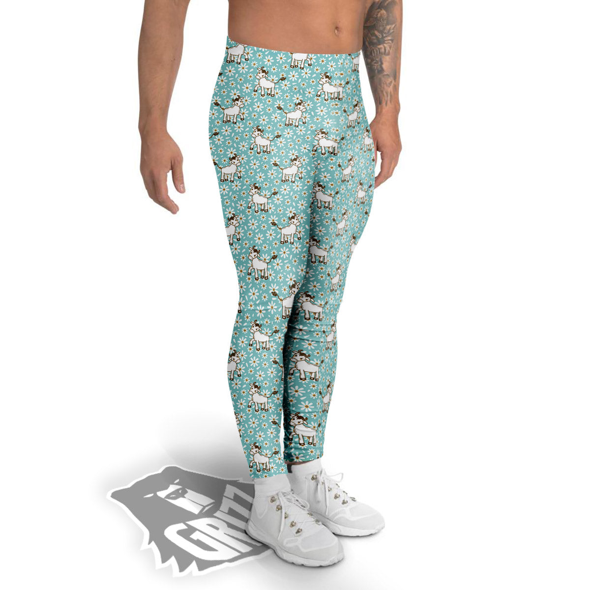 Cow And Cartoon Daisy Print Pattern Men's Leggings-grizzshop