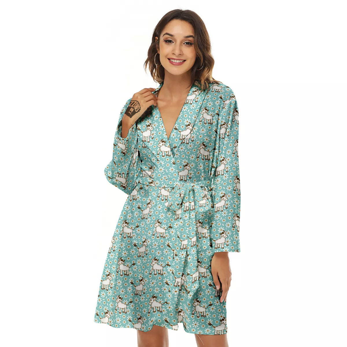 Cow And Cartoon Daisy Print Pattern Women's Robe-grizzshop