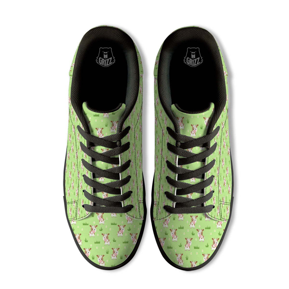 Cow And Green Grass Print Pattern Black Low Top Sneakers-grizzshop