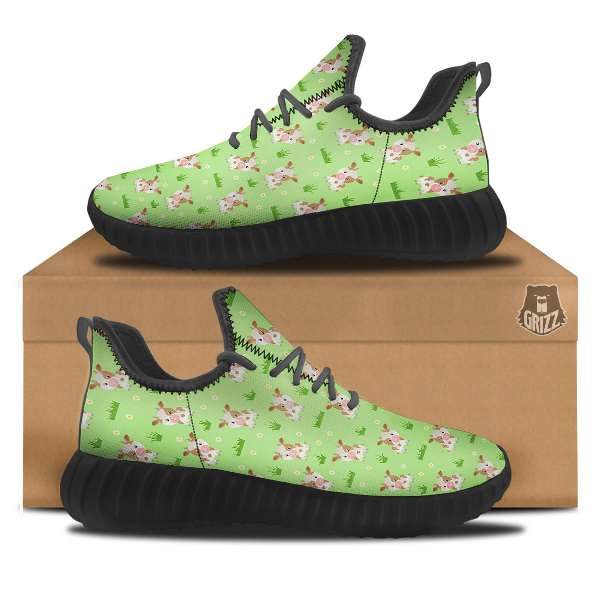 Cow And Green Grass Print Pattern Black Walking Shoes-grizzshop