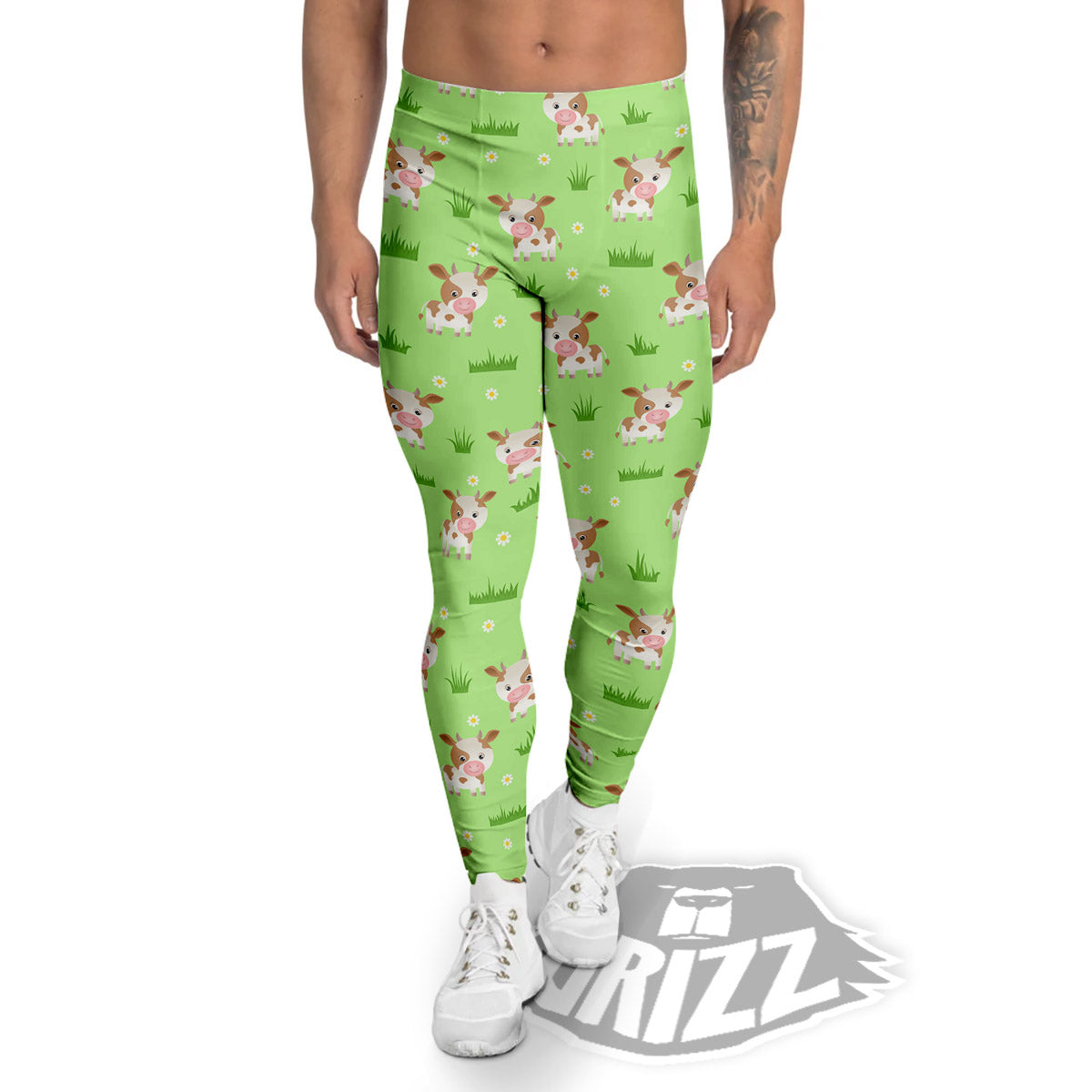 Cow And Green Grass Print Pattern Men's Leggings-grizzshop