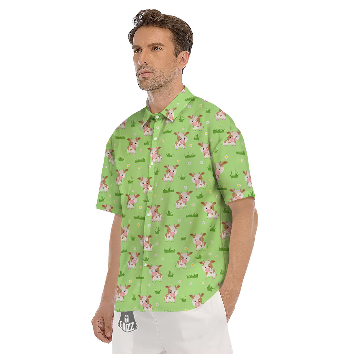 Cow And Green Grass Print Pattern Men's Short Sleeve Shirts-grizzshop