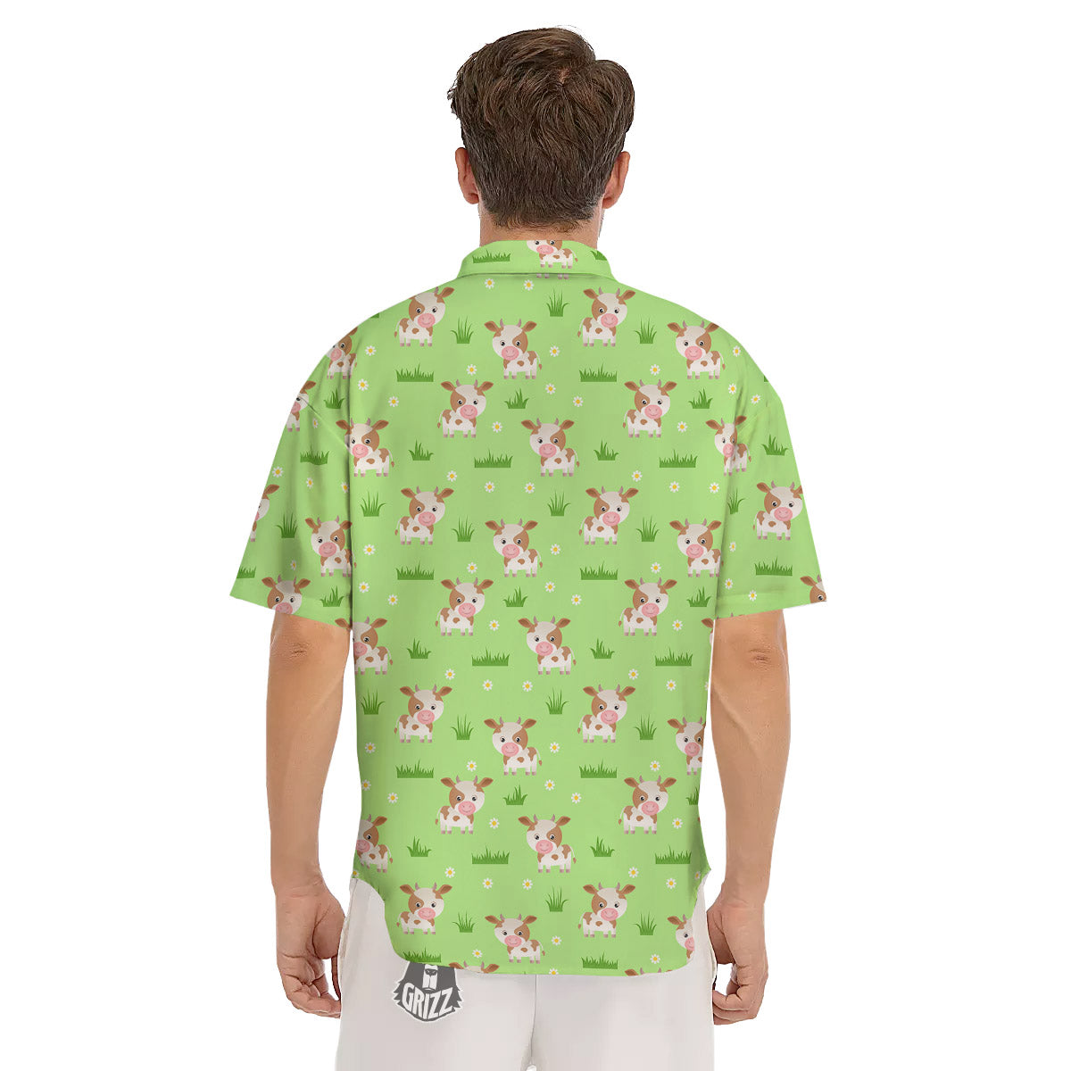 Cow And Green Grass Print Pattern Men's Short Sleeve Shirts-grizzshop