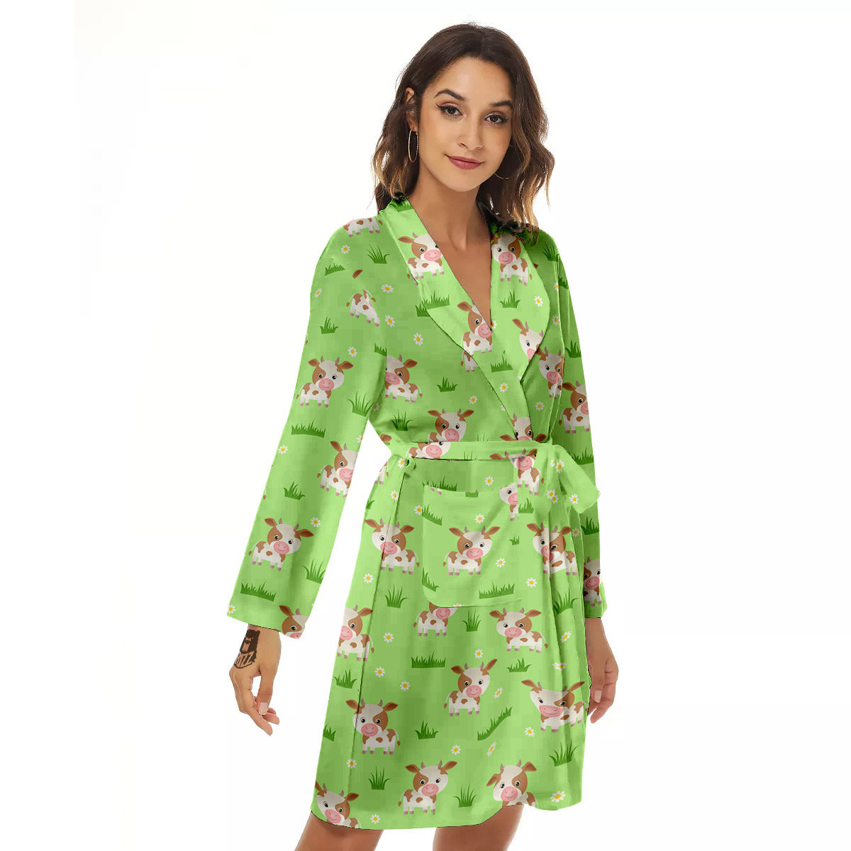 Cow And Green Grass Print Pattern Women's Robe-grizzshop