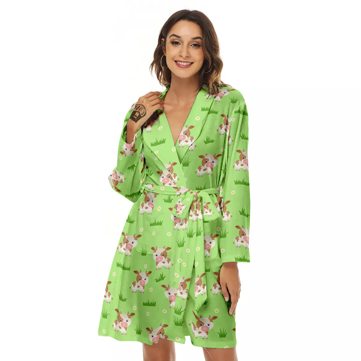 Cow And Green Grass Print Pattern Women's Robe-grizzshop