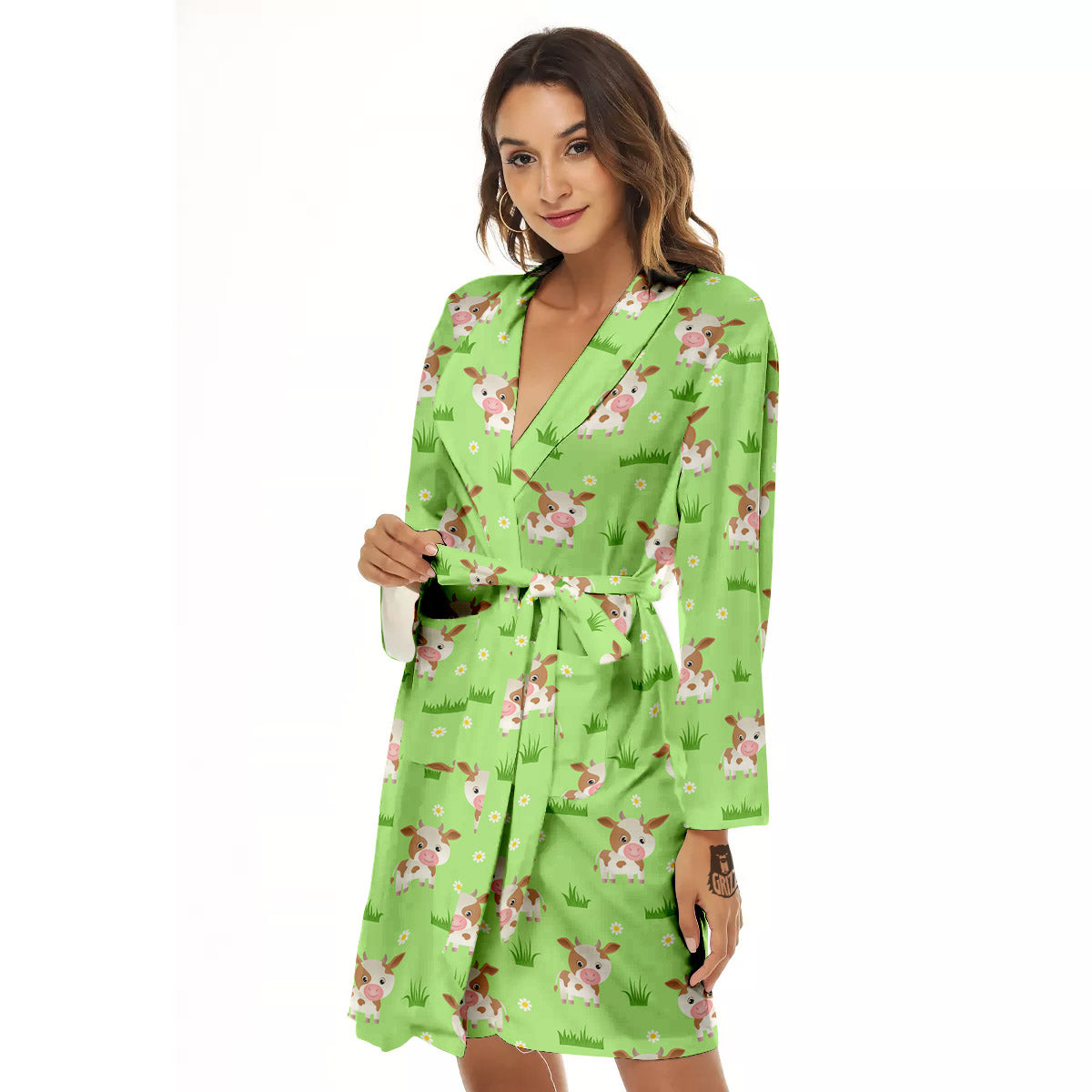 Cow And Green Grass Print Pattern Women's Robe-grizzshop