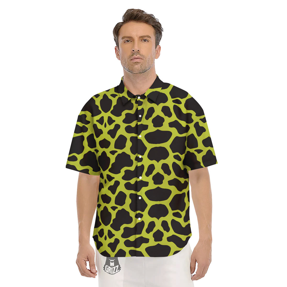 Cow Black And Lime Green Print Pattern Men's Short Sleeve Shirts-grizzshop