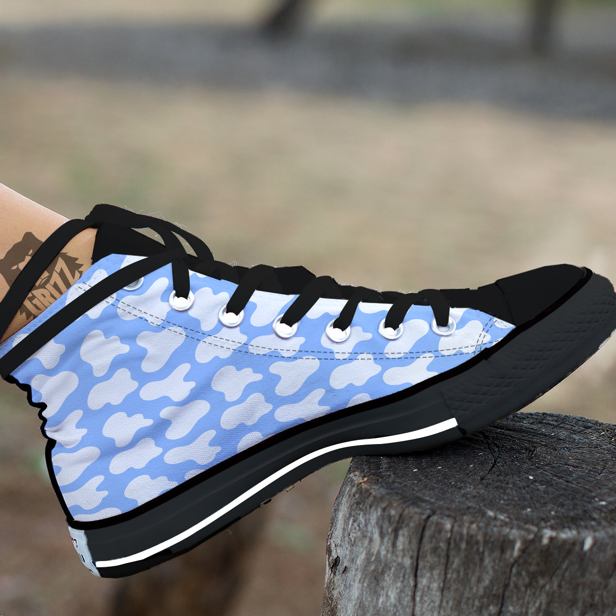 Cow Blue And White Print Pattern Black High Top Shoes-grizzshop