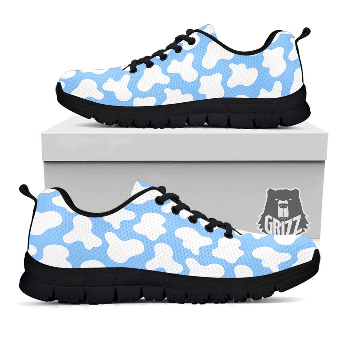 Cow Blue And White Print Pattern Black Sneaker-grizzshop