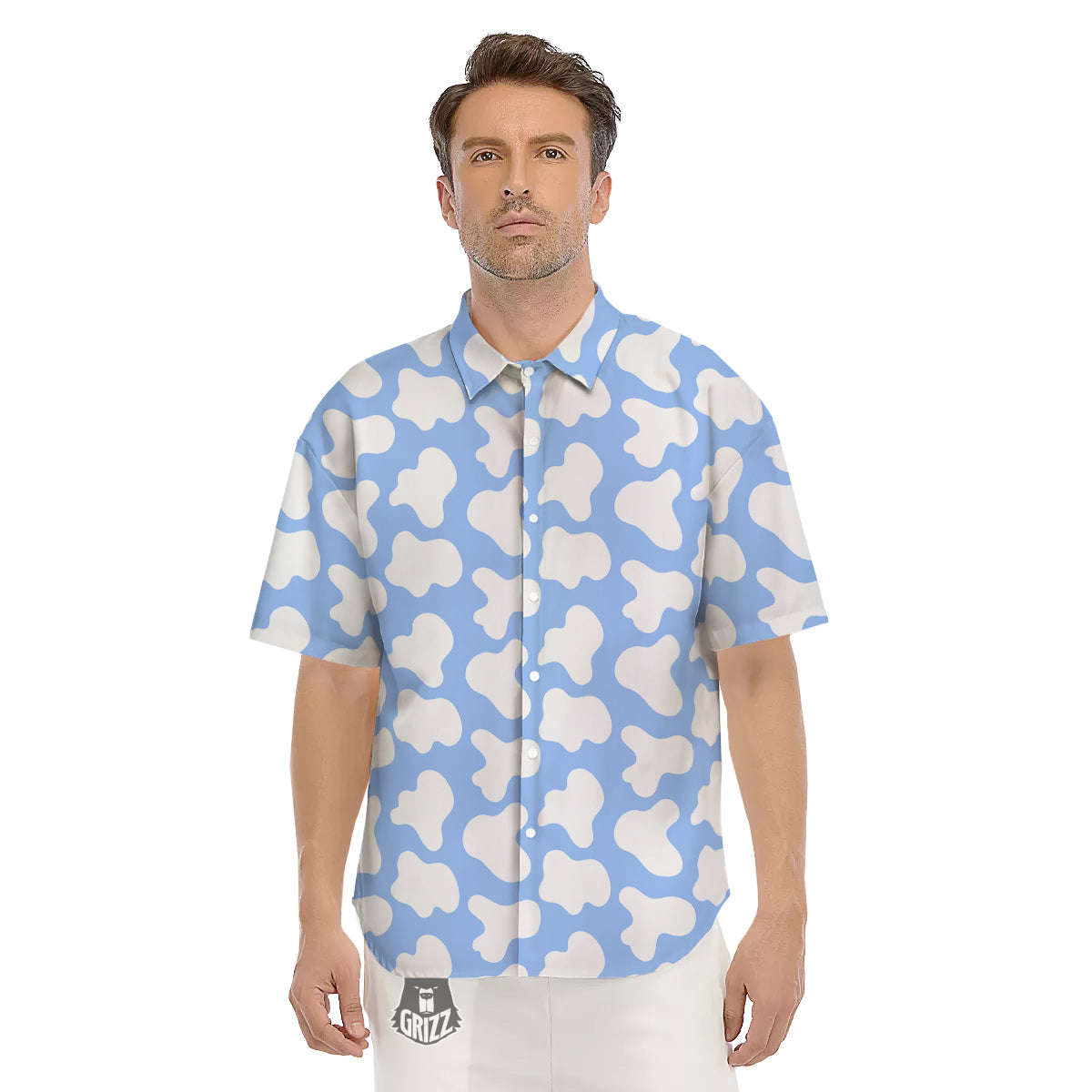 Cow Blue And White Print Pattern Men's Short Sleeve Shirts-grizzshop