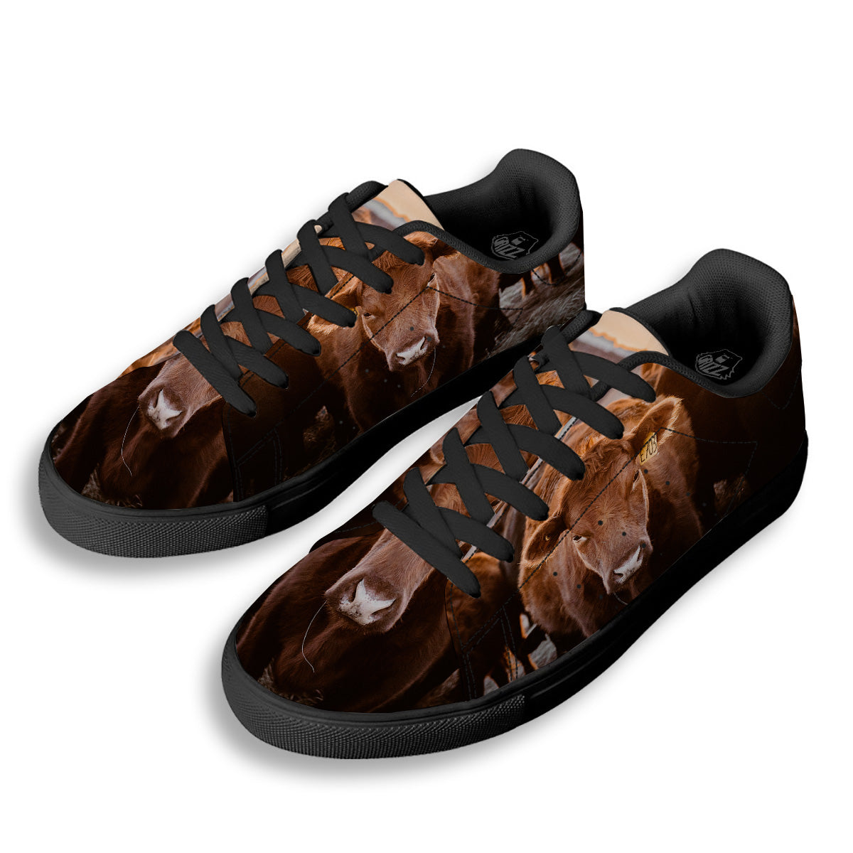 Cow Brown Print Black Low Top Sneakers-grizzshop