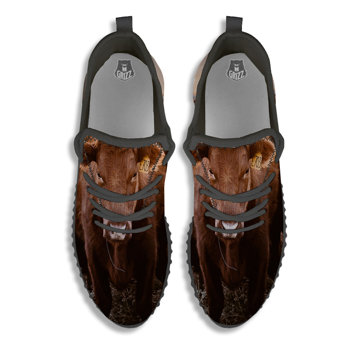 Cow Brown Print Black Walking Shoes-grizzshop