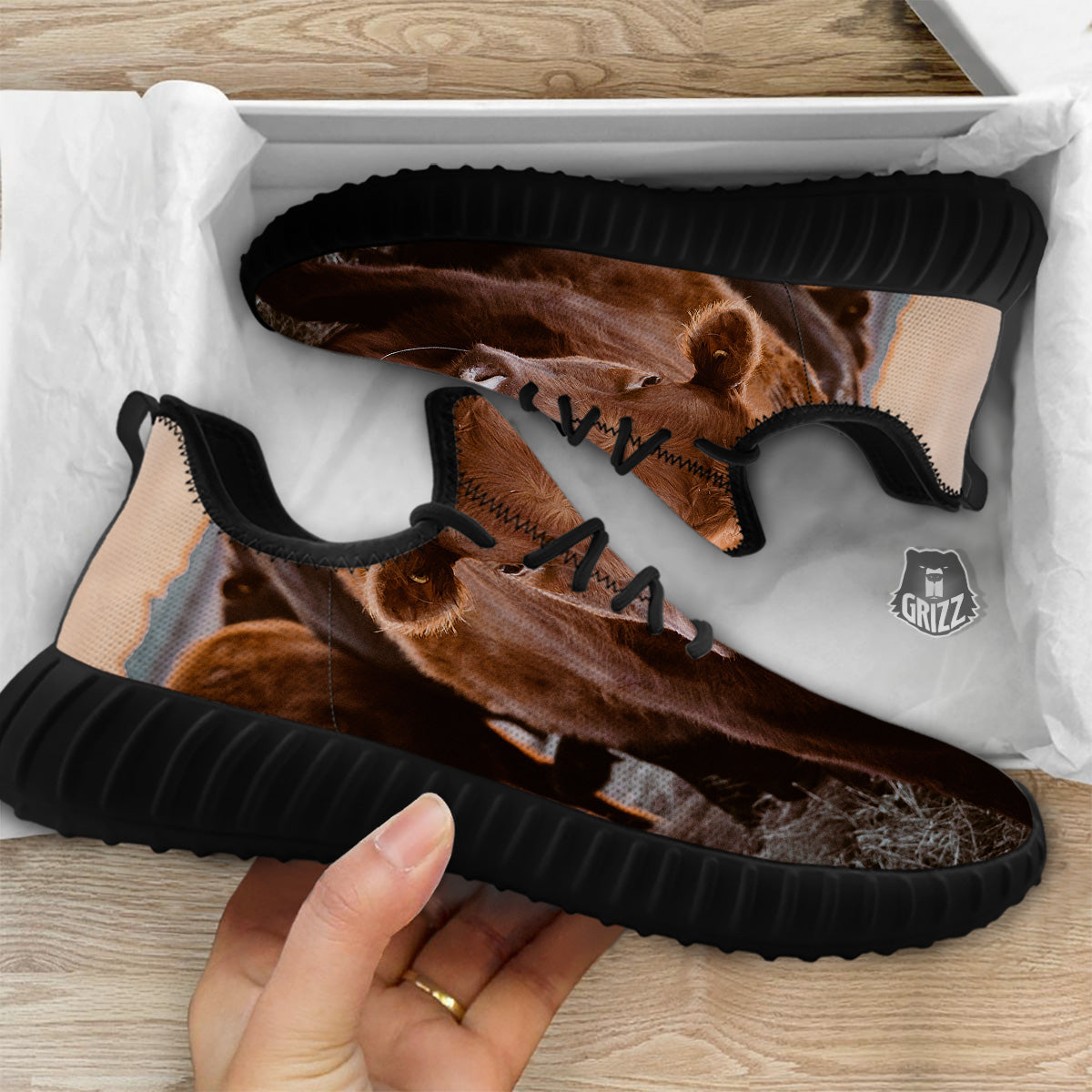 Cow Brown Print Black Walking Shoes-grizzshop