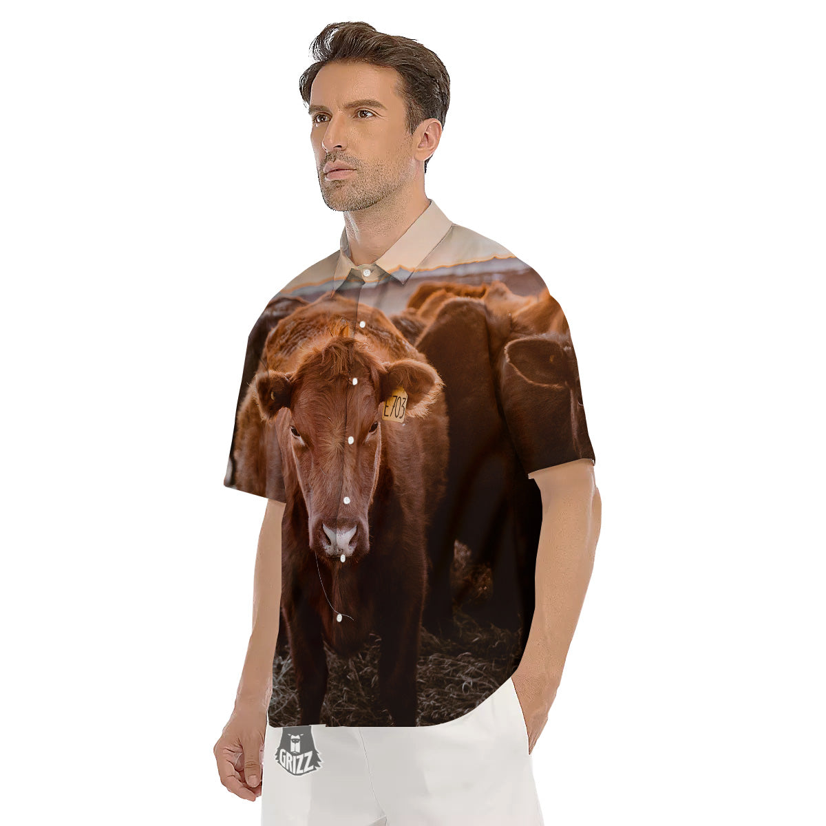 Cow Brown Print Men's Short Sleeve Shirts-grizzshop