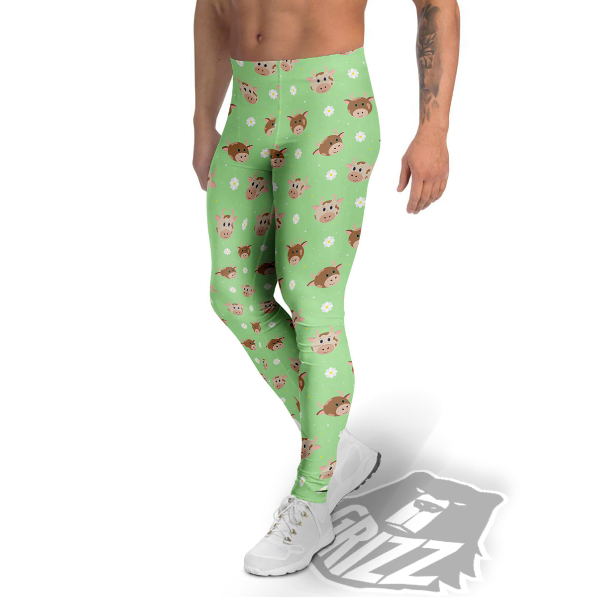 Cow Cartoon And Daisy Flower Print Men's Leggings-grizzshop