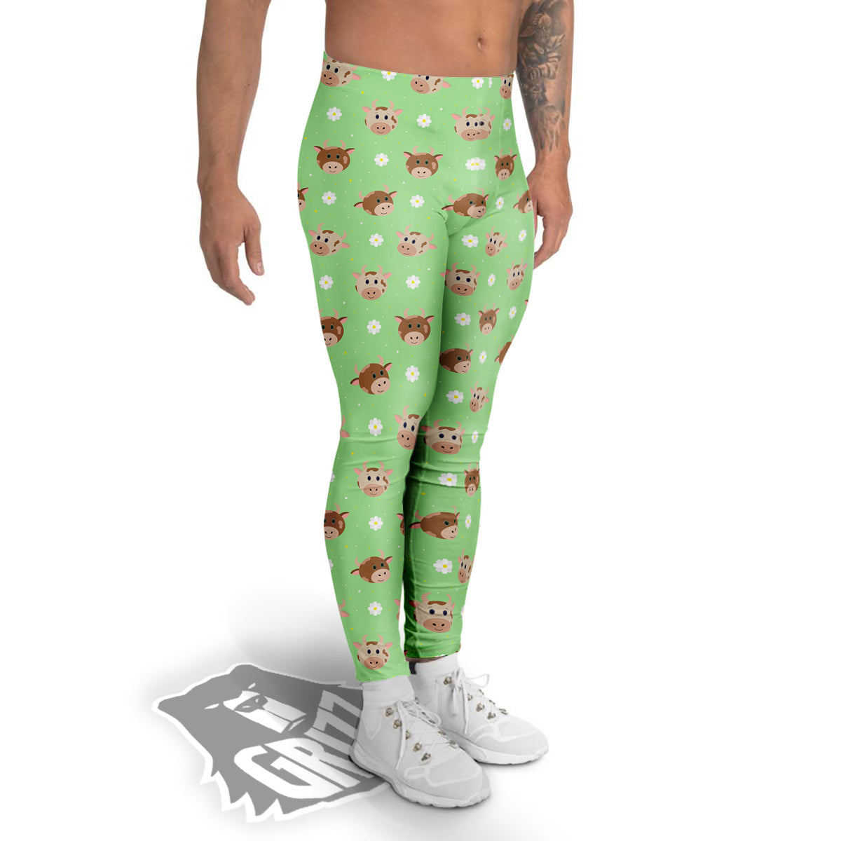 Cow Cartoon And Daisy Flower Print Men's Leggings-grizzshop