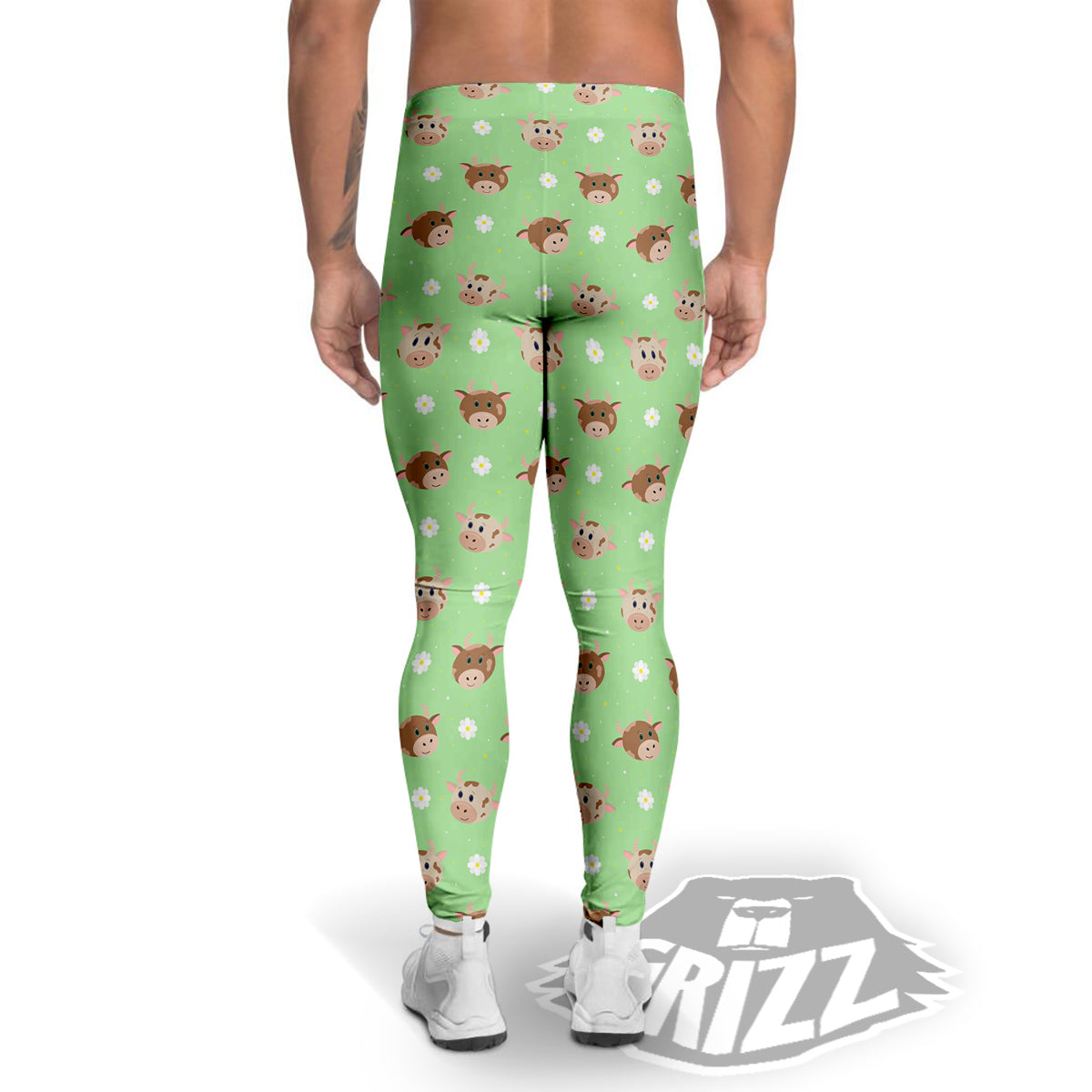 Cow Cartoon And Daisy Flower Print Men's Leggings-grizzshop