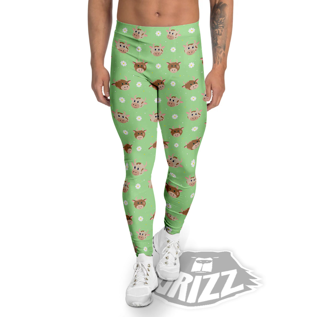Cow Cartoon And Daisy Flower Print Men's Leggings-grizzshop