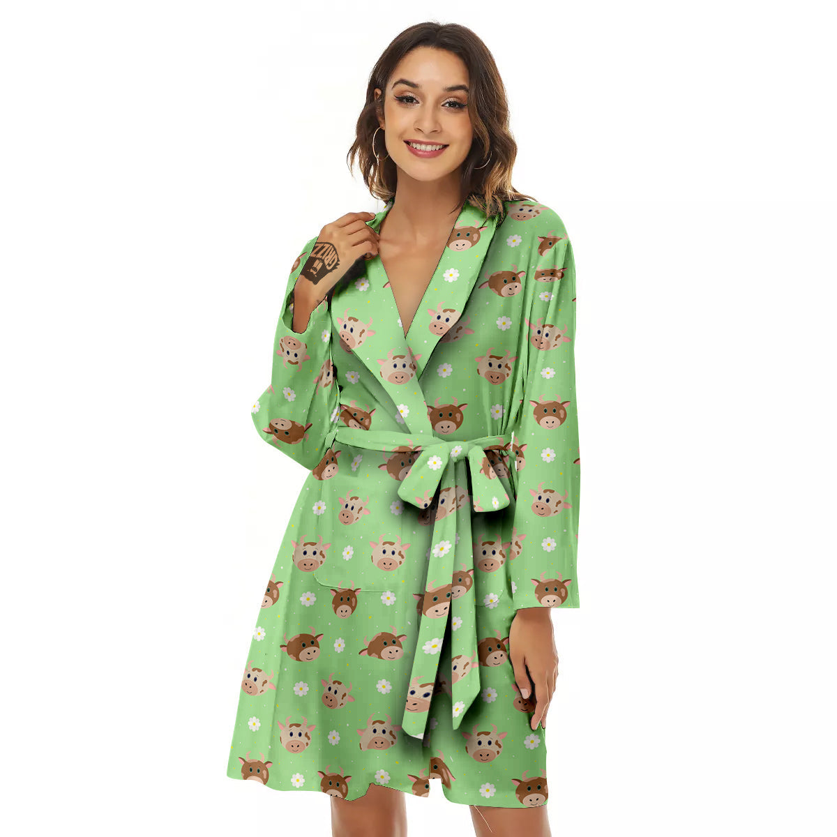 Cow Cartoon And Daisy Flower Print Women's Robe-grizzshop