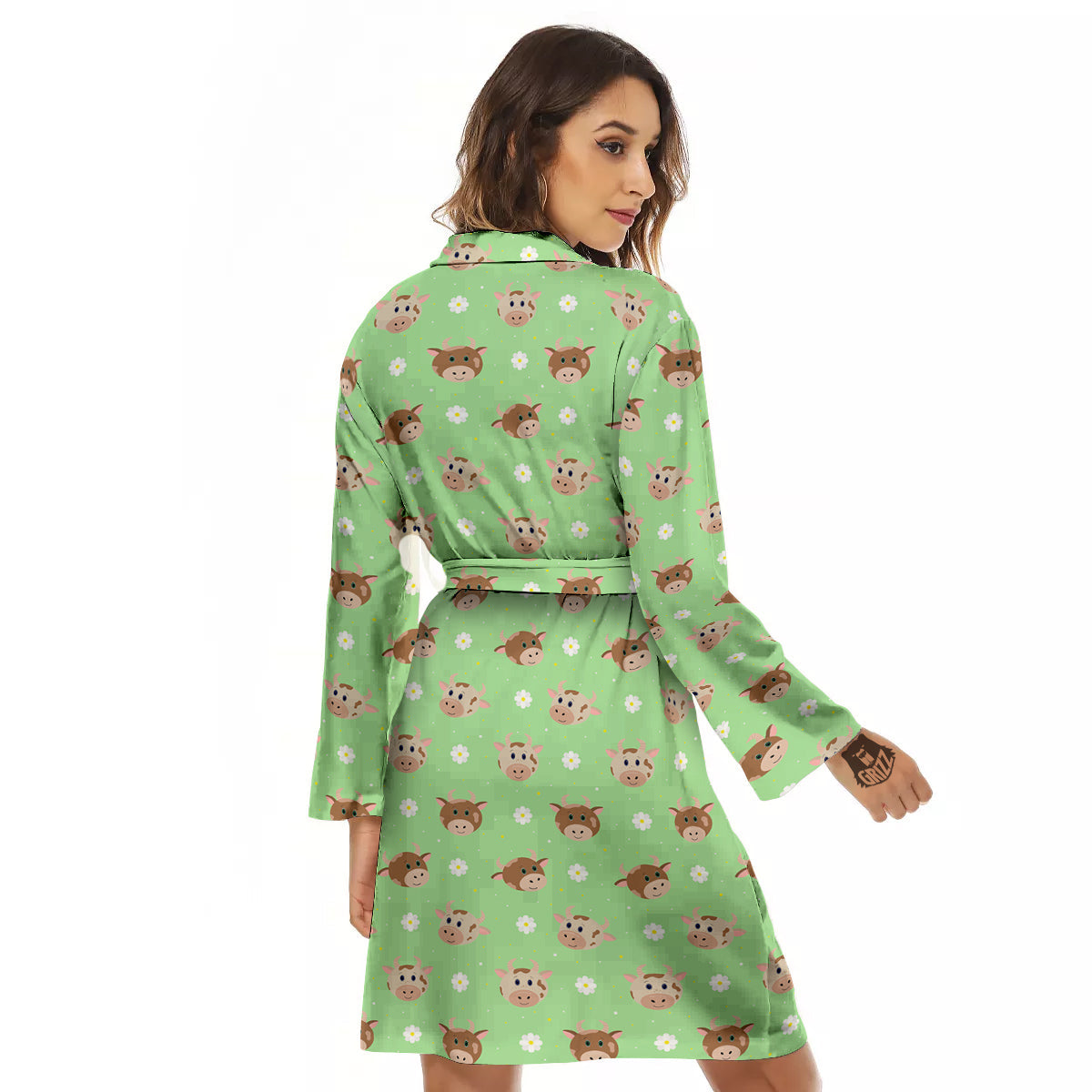 Cow Cartoon And Daisy Flower Print Women's Robe-grizzshop