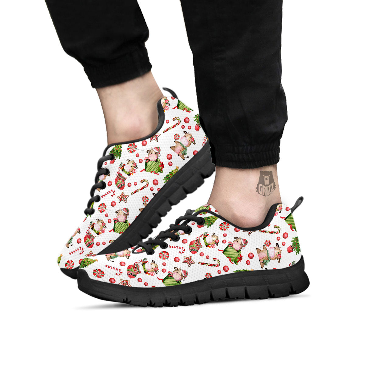 Cow Christmas Print Pattern Black Sneaker-grizzshop