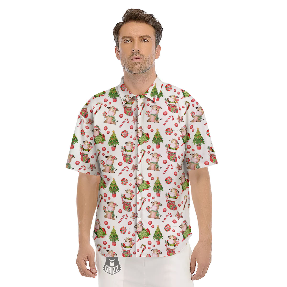 Cow Christmas Print Pattern Men's Short Sleeve Shirts-grizzshop