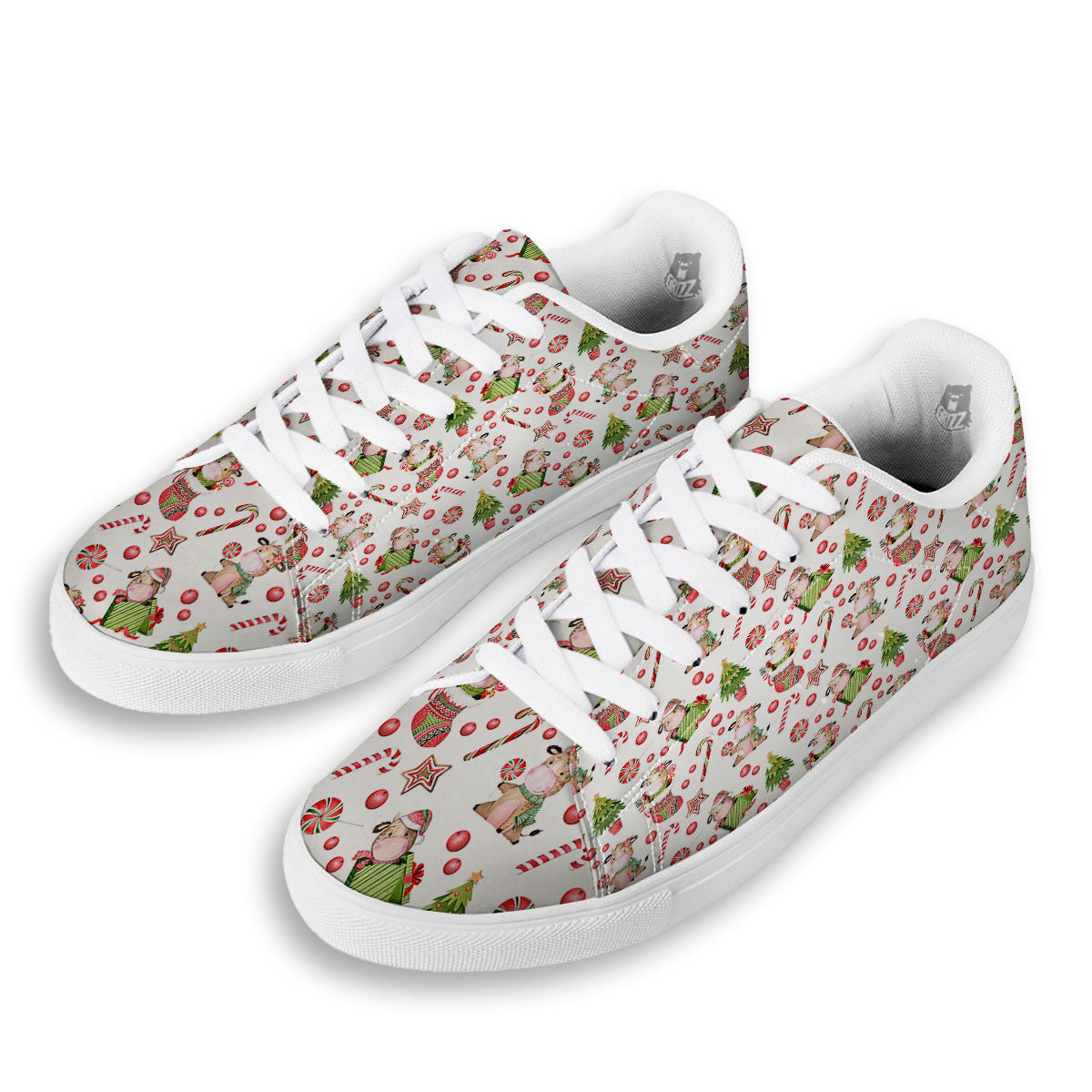 Cow Christmas Print Pattern White Low Top Sneakers-grizzshop