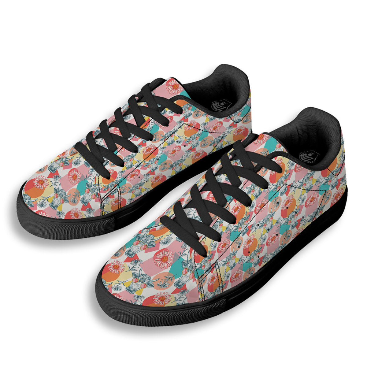 Cow Colorful Print Pattern Black Low Top Sneakers-grizzshop