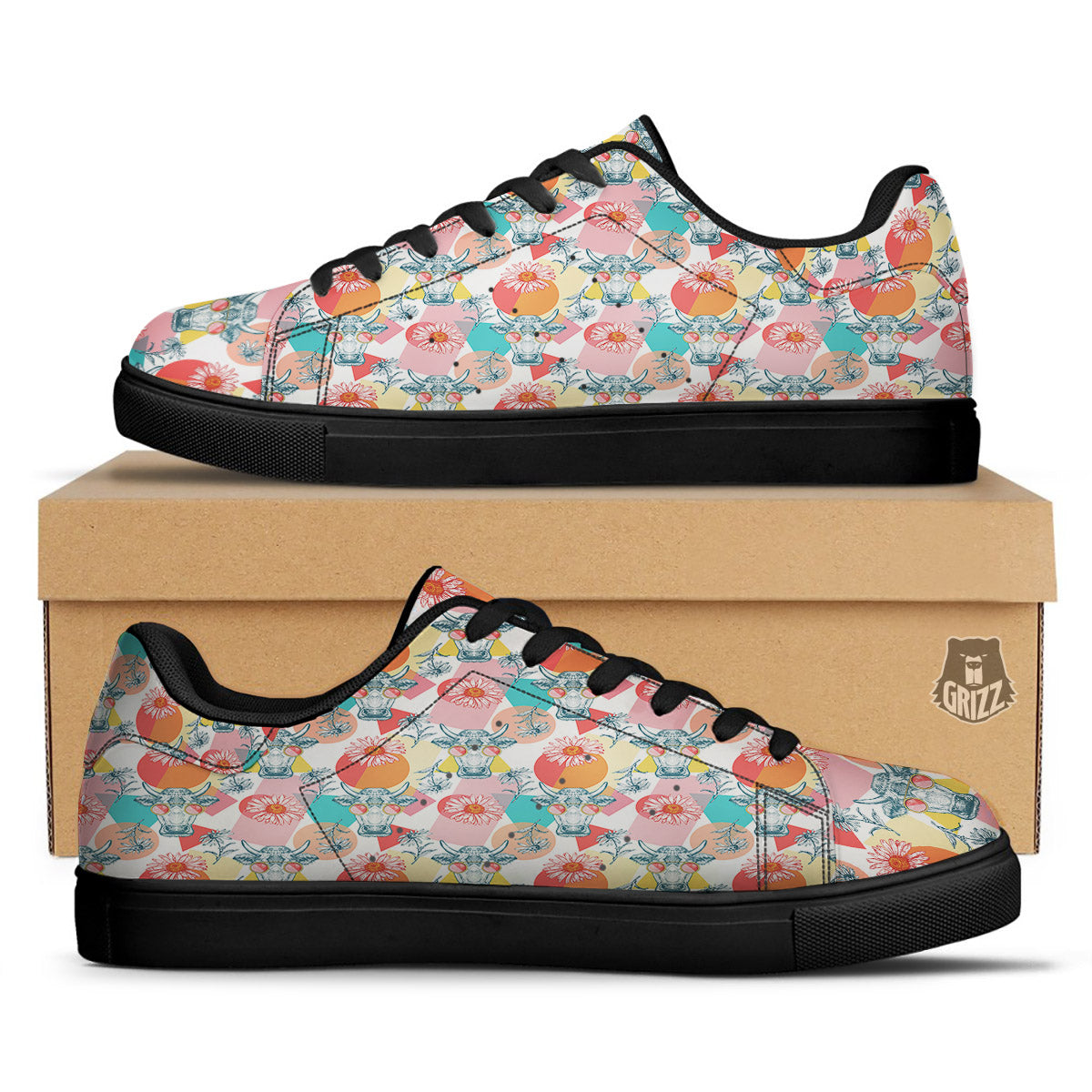 Cow Colorful Print Pattern Black Low Top Sneakers-grizzshop