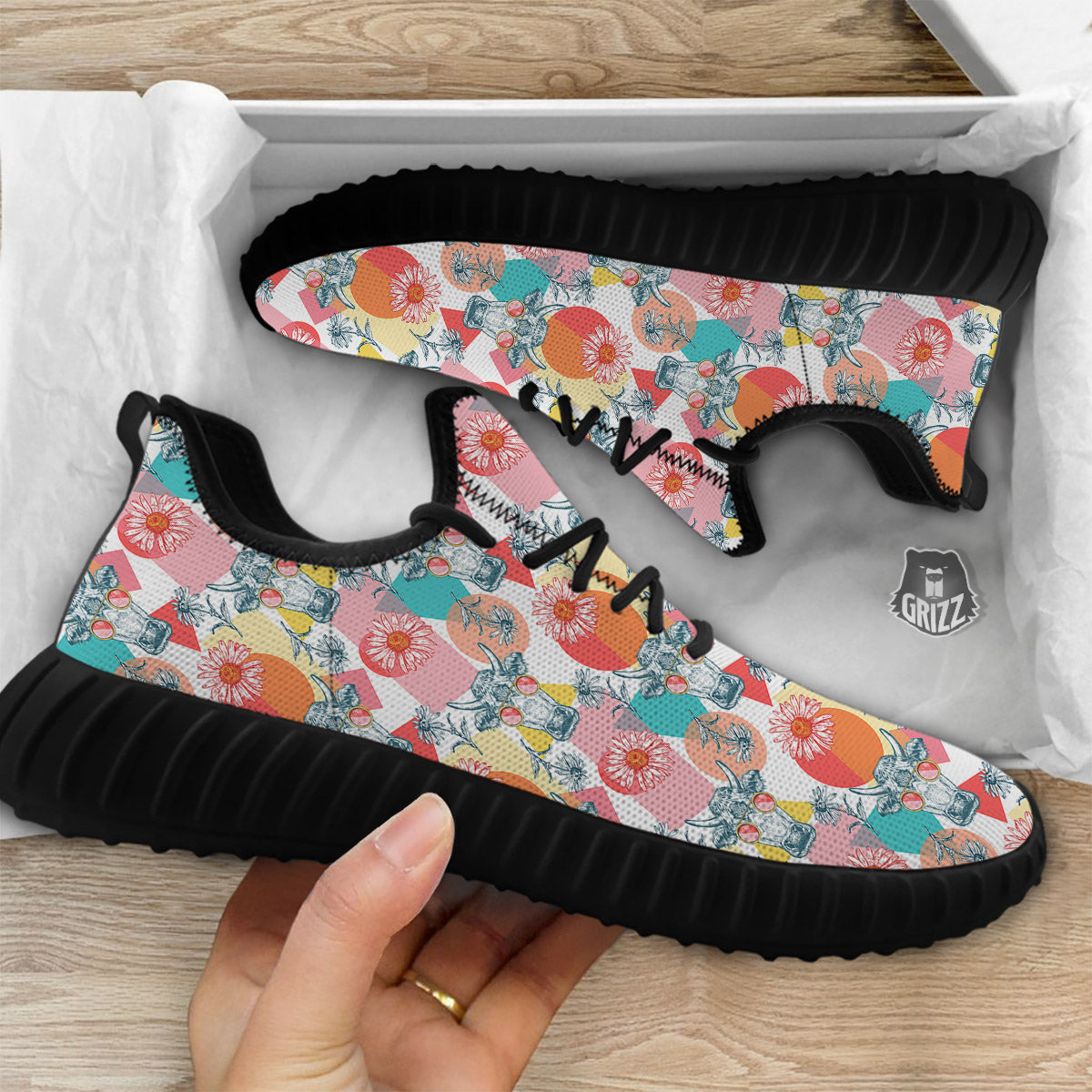 Cow Colorful Print Pattern Black Walking Shoes-grizzshop