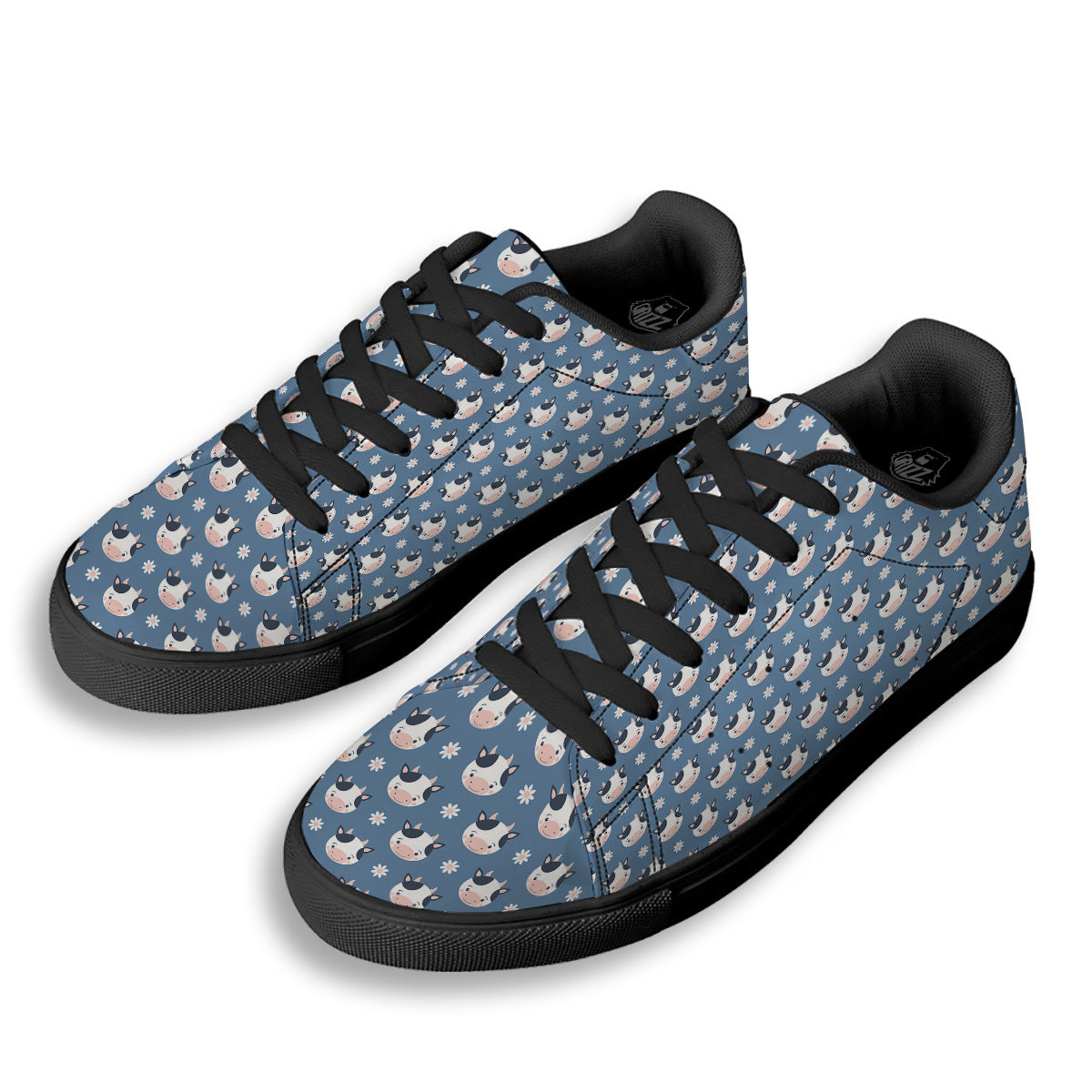 Cow Cute And Daisy Flower Print Pattern Black Low Top Sneakers-grizzshop