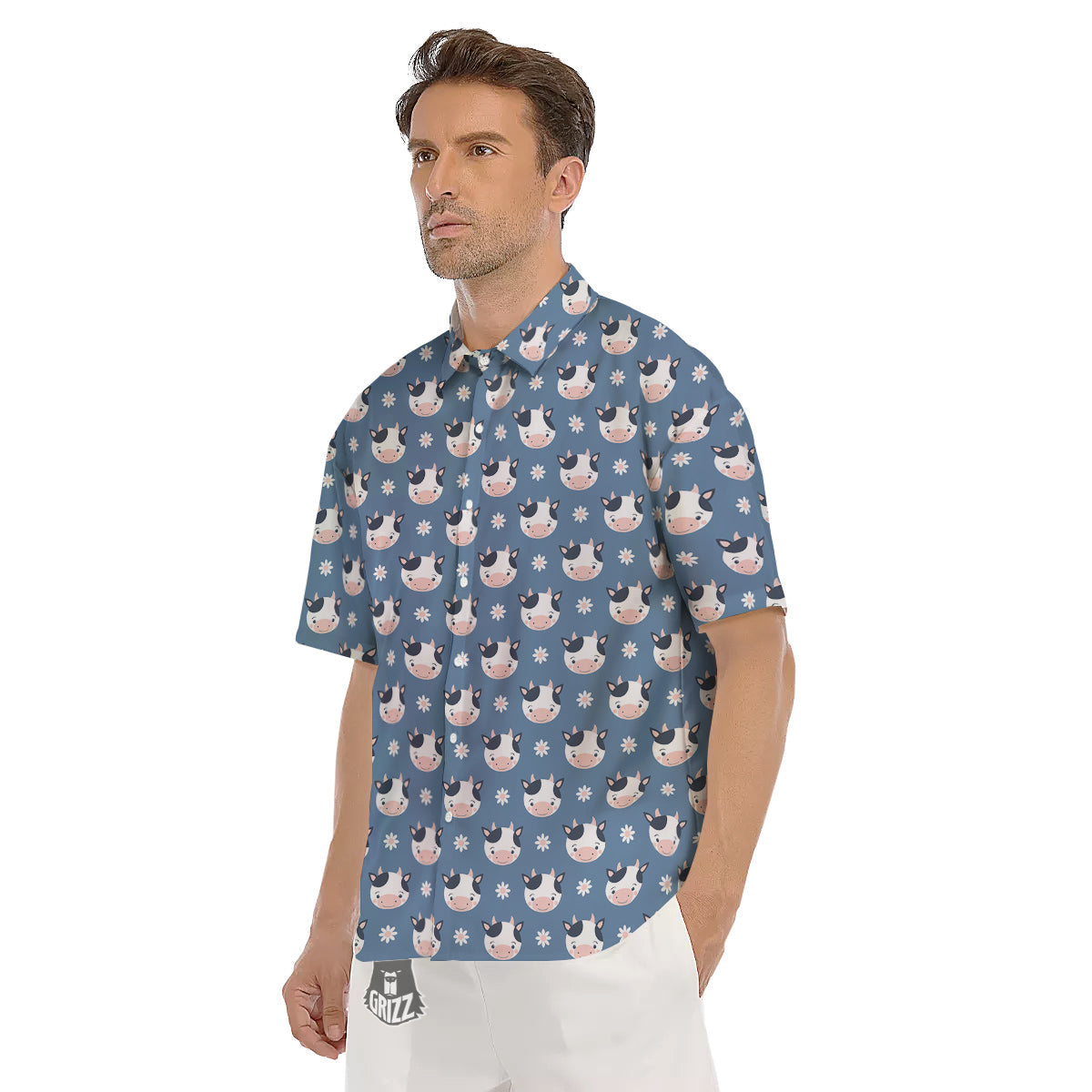 Cow Cute And Daisy Flower Print Pattern Men's Short Sleeve Shirts-grizzshop