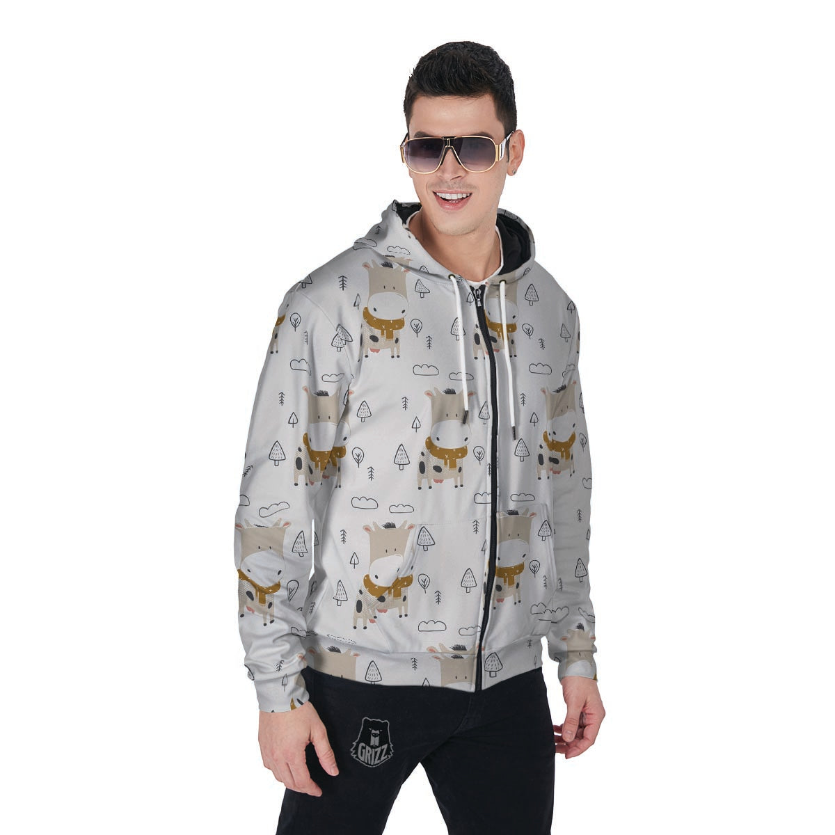 Cow Cute Print Men's Zip Up Hoodie-grizzshop