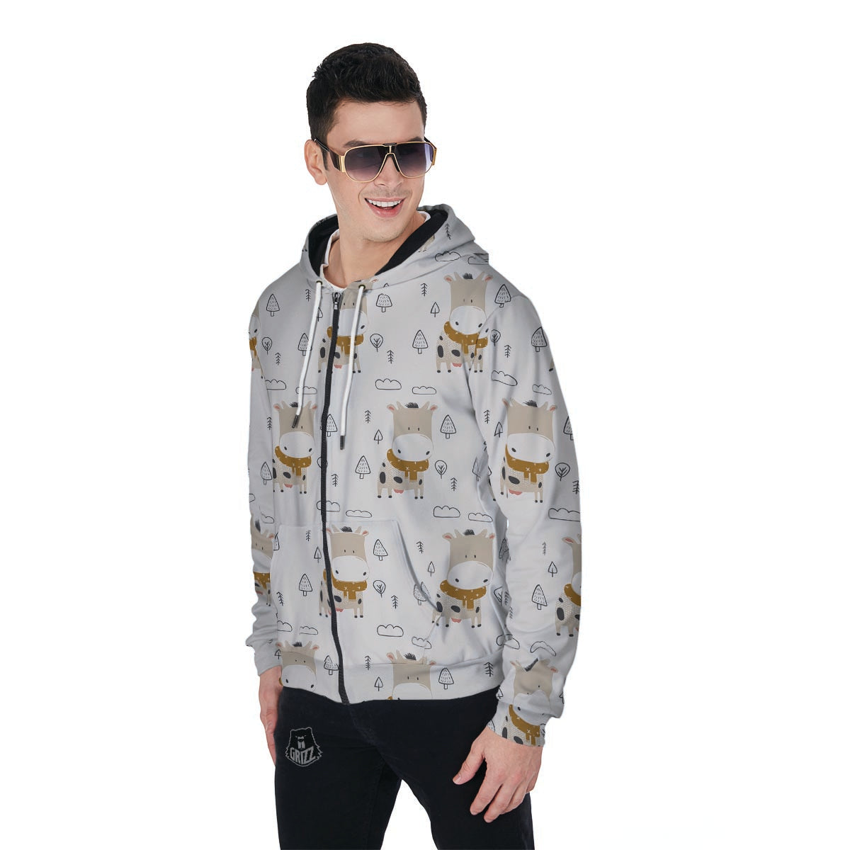 Cow Cute Print Men's Zip Up Hoodie-grizzshop
