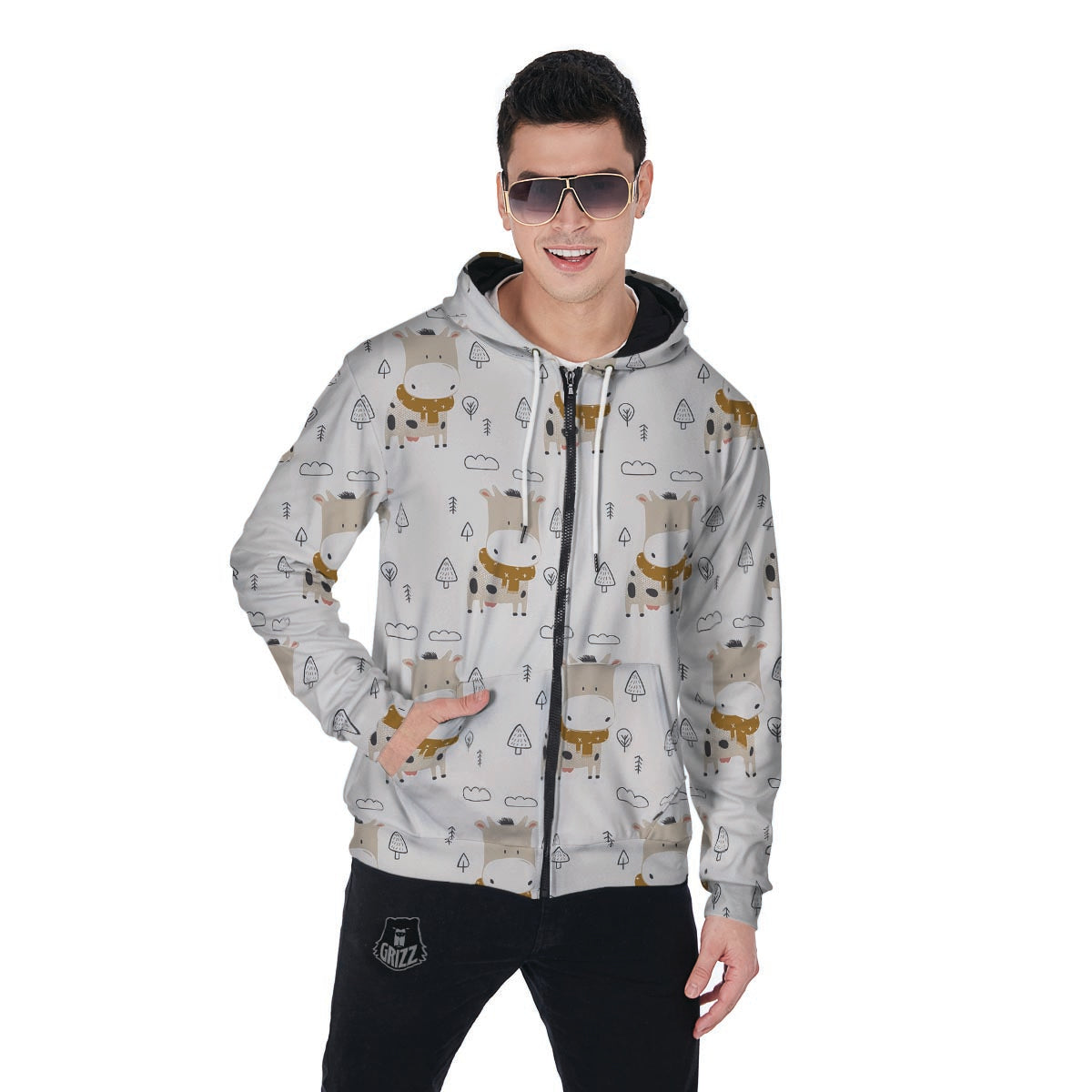 Cow Cute Print Men's Zip Up Hoodie-grizzshop