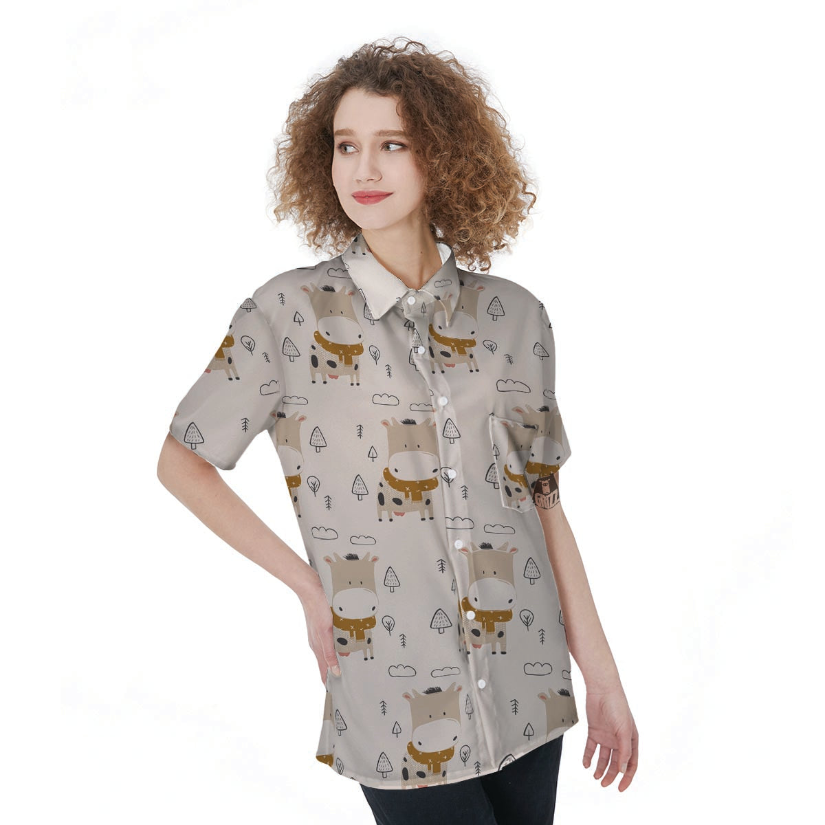 Cow Cute Print Women's Short Sleeve Shirts-grizzshop