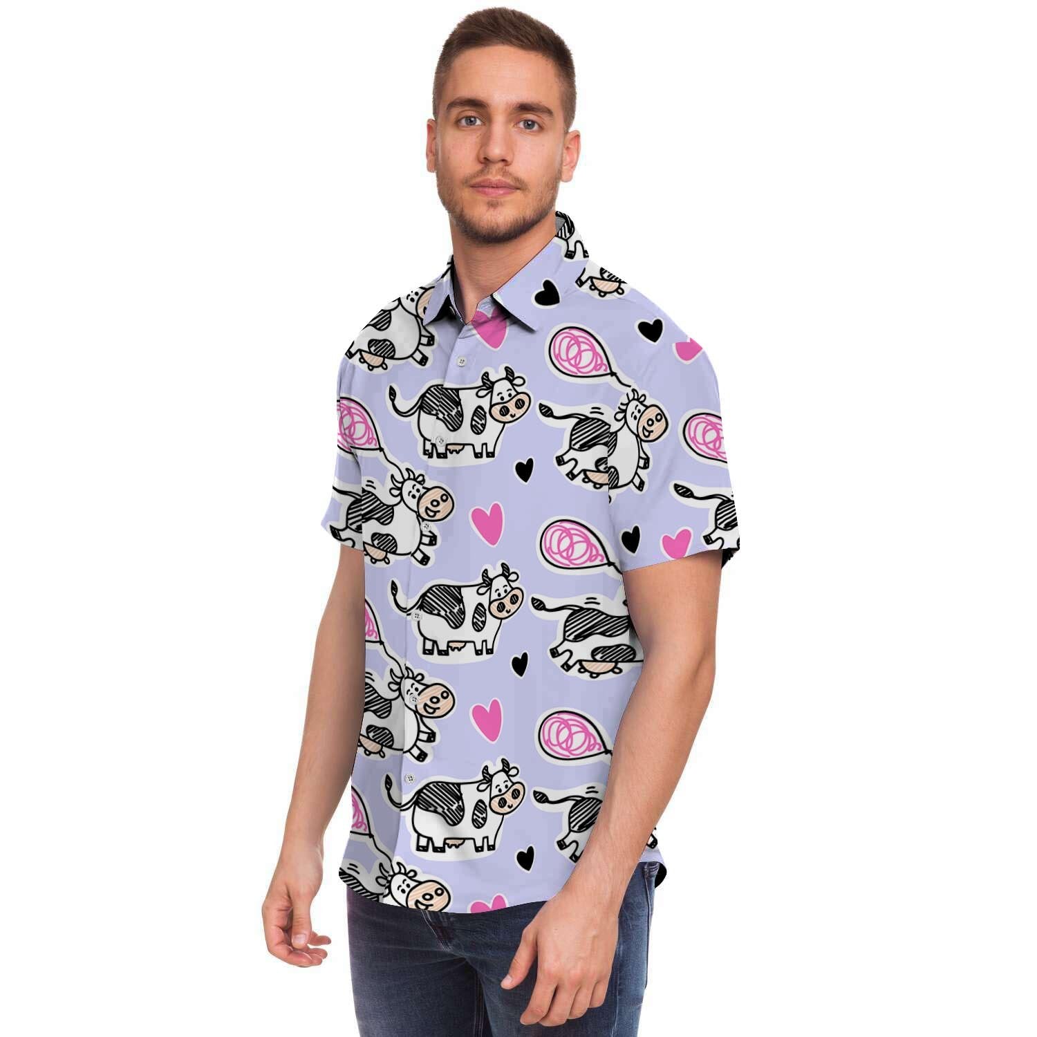 Cow Doodle Print Men's Short Sleeve Shirt-grizzshop