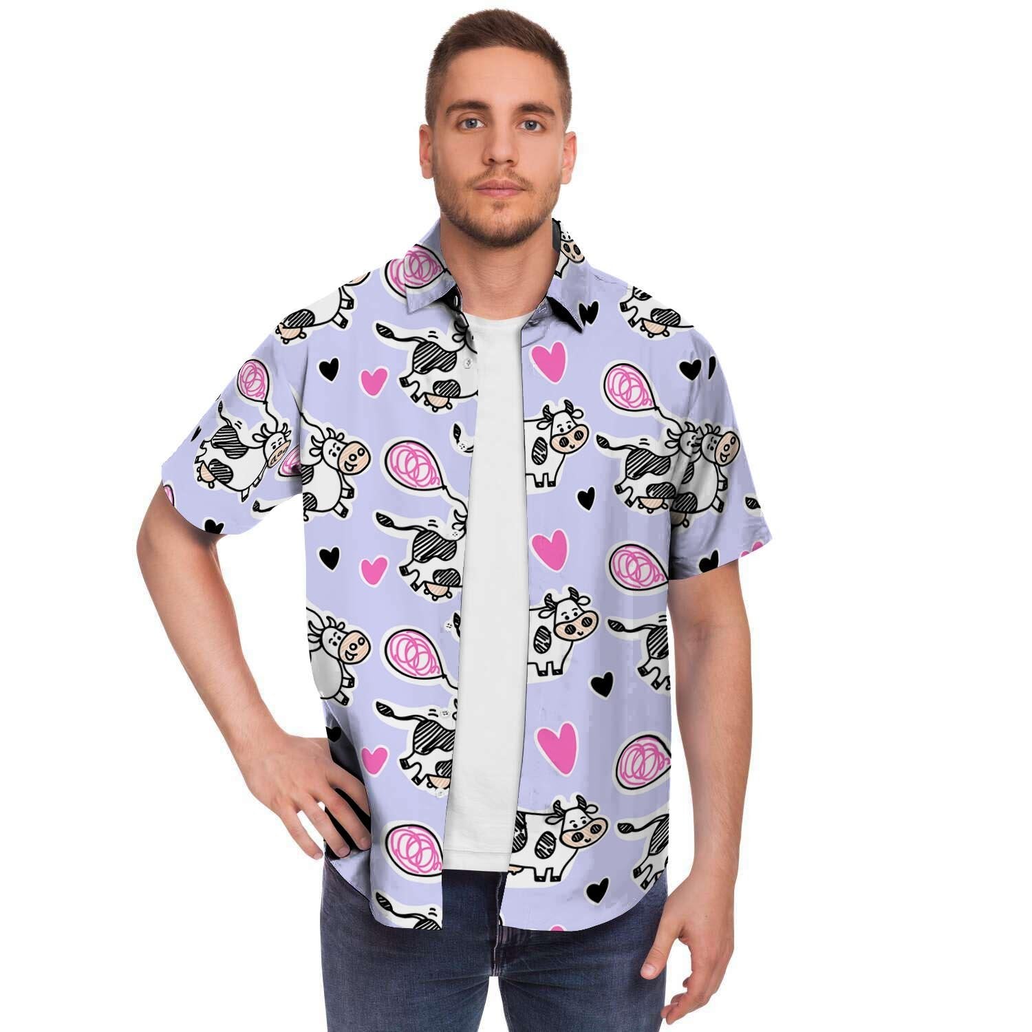Cow Doodle Print Men's Short Sleeve Shirt-grizzshop