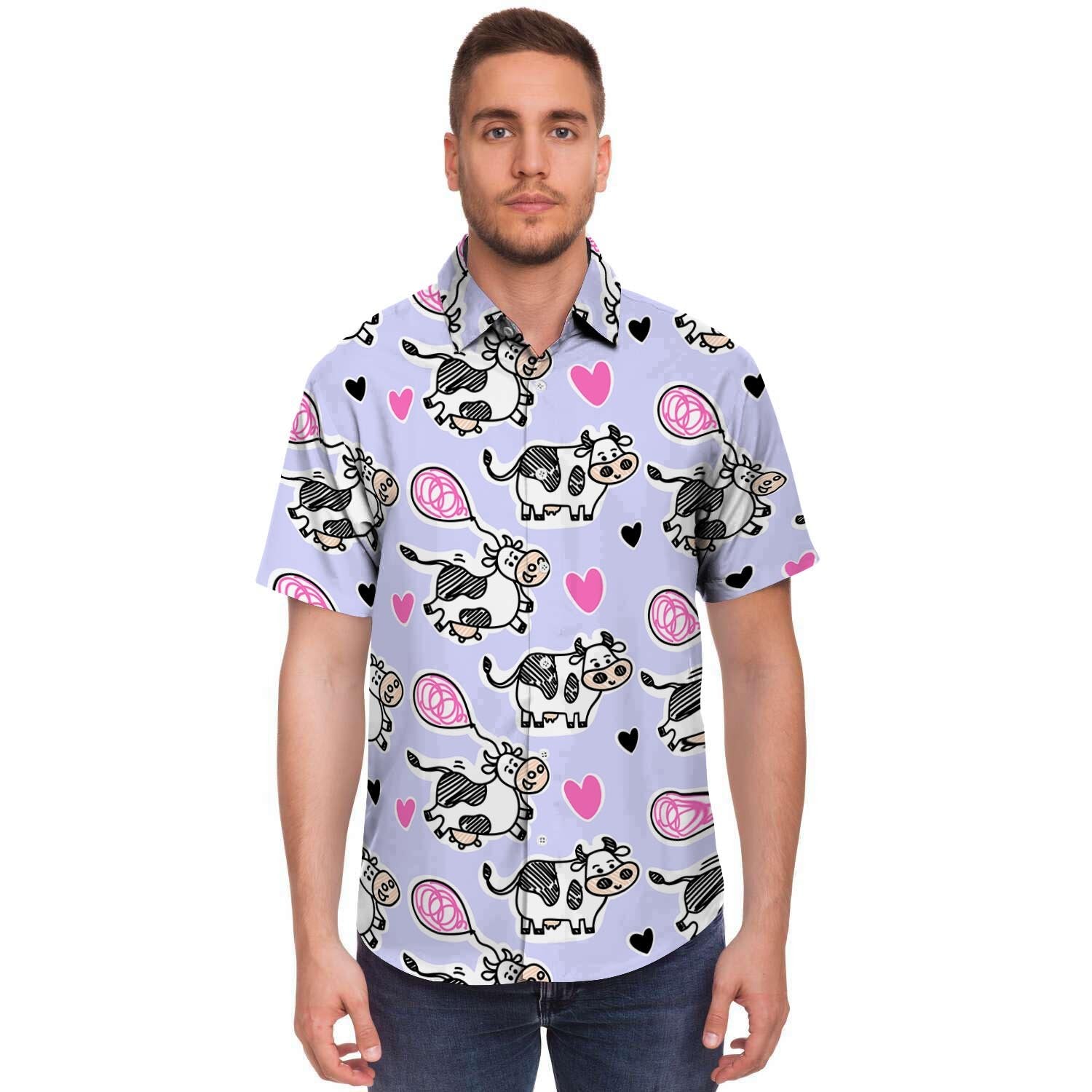 Cow Doodle Print Men's Short Sleeve Shirt-grizzshop