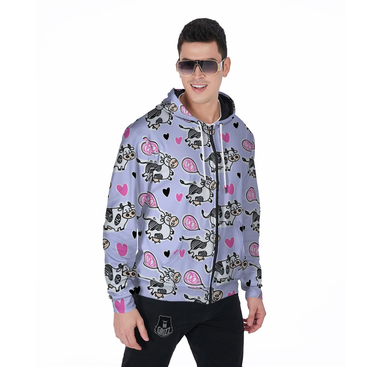 Cow Doodle Print Men's Zip Up Hoodie-grizzshop