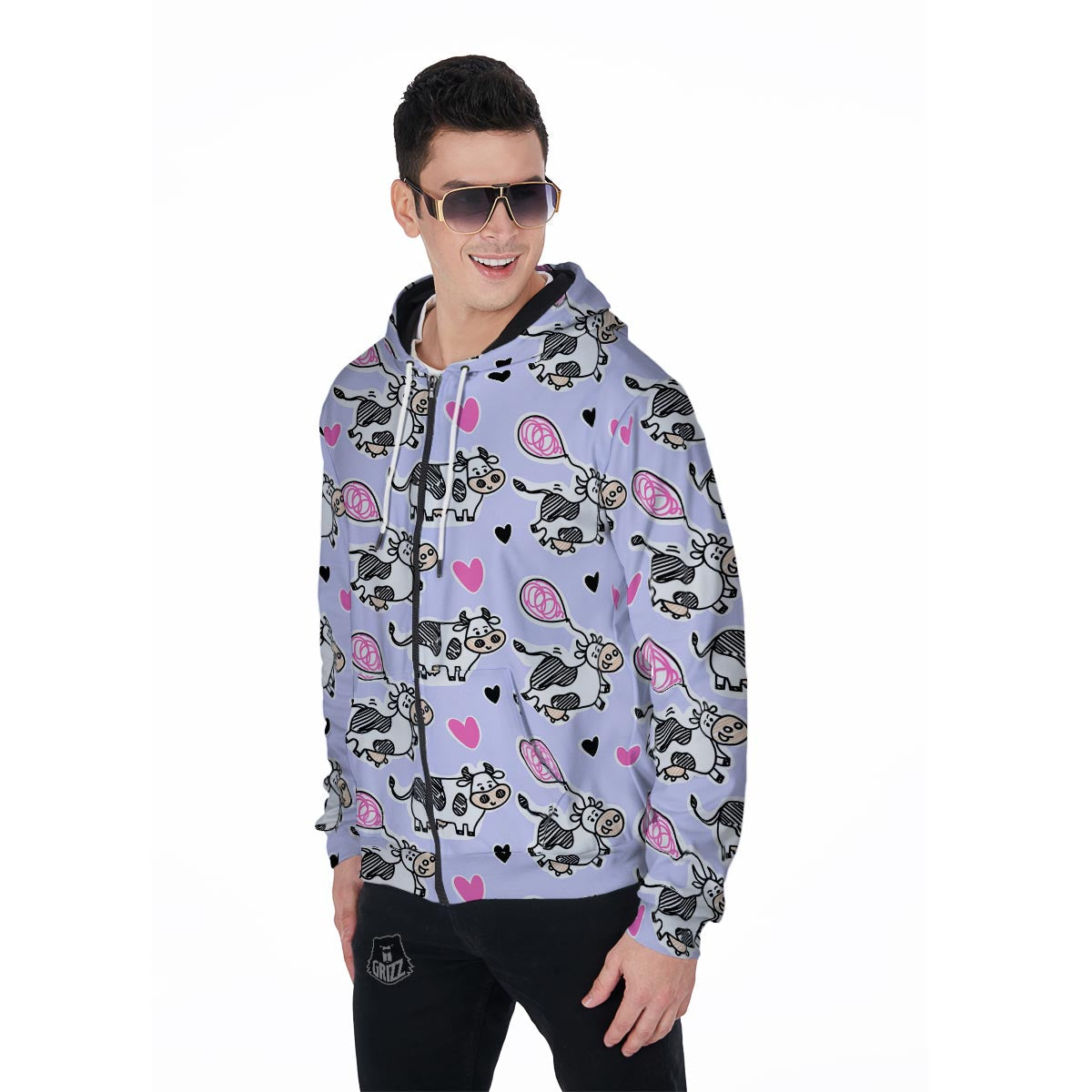Cow Doodle Print Men's Zip Up Hoodie-grizzshop