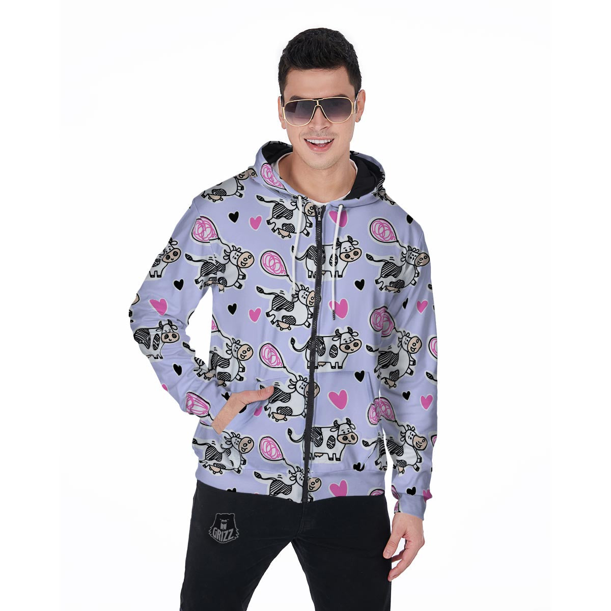 Cow Doodle Print Men's Zip Up Hoodie-grizzshop