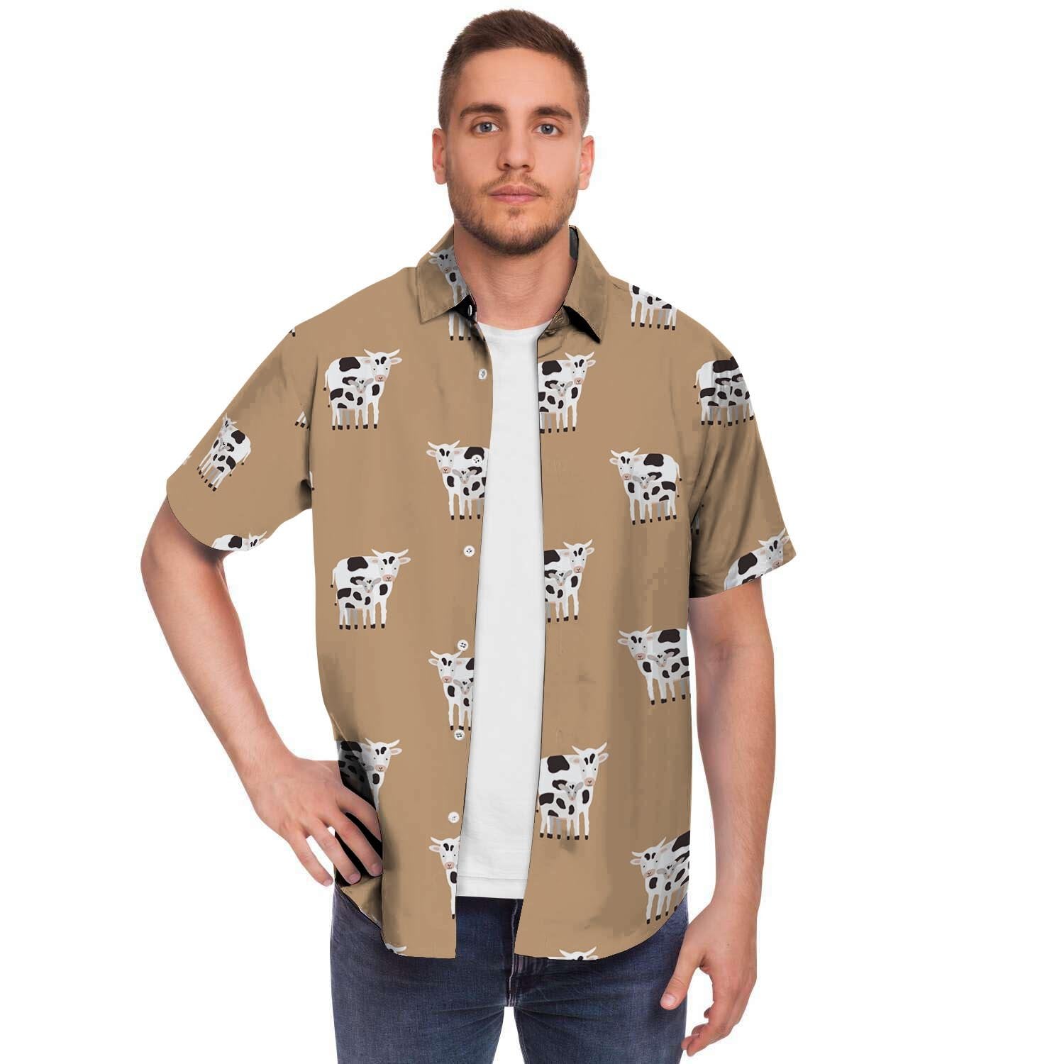 Cow Family Print Men's Short Sleeve Shirt-grizzshop
