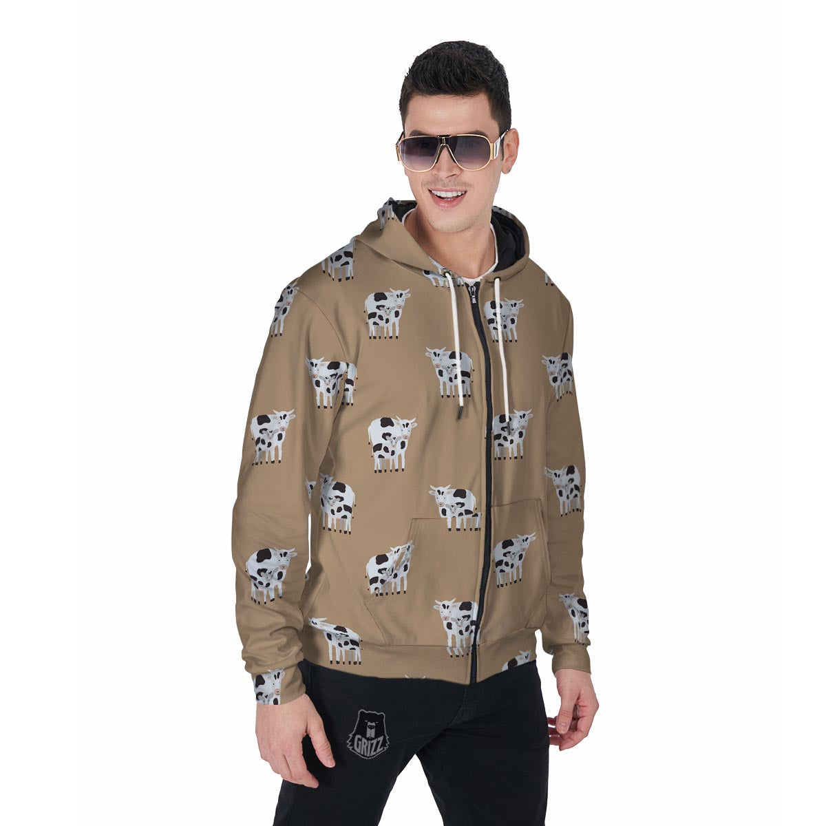 Cow Family Print Men's Zip Up Hoodie-grizzshop