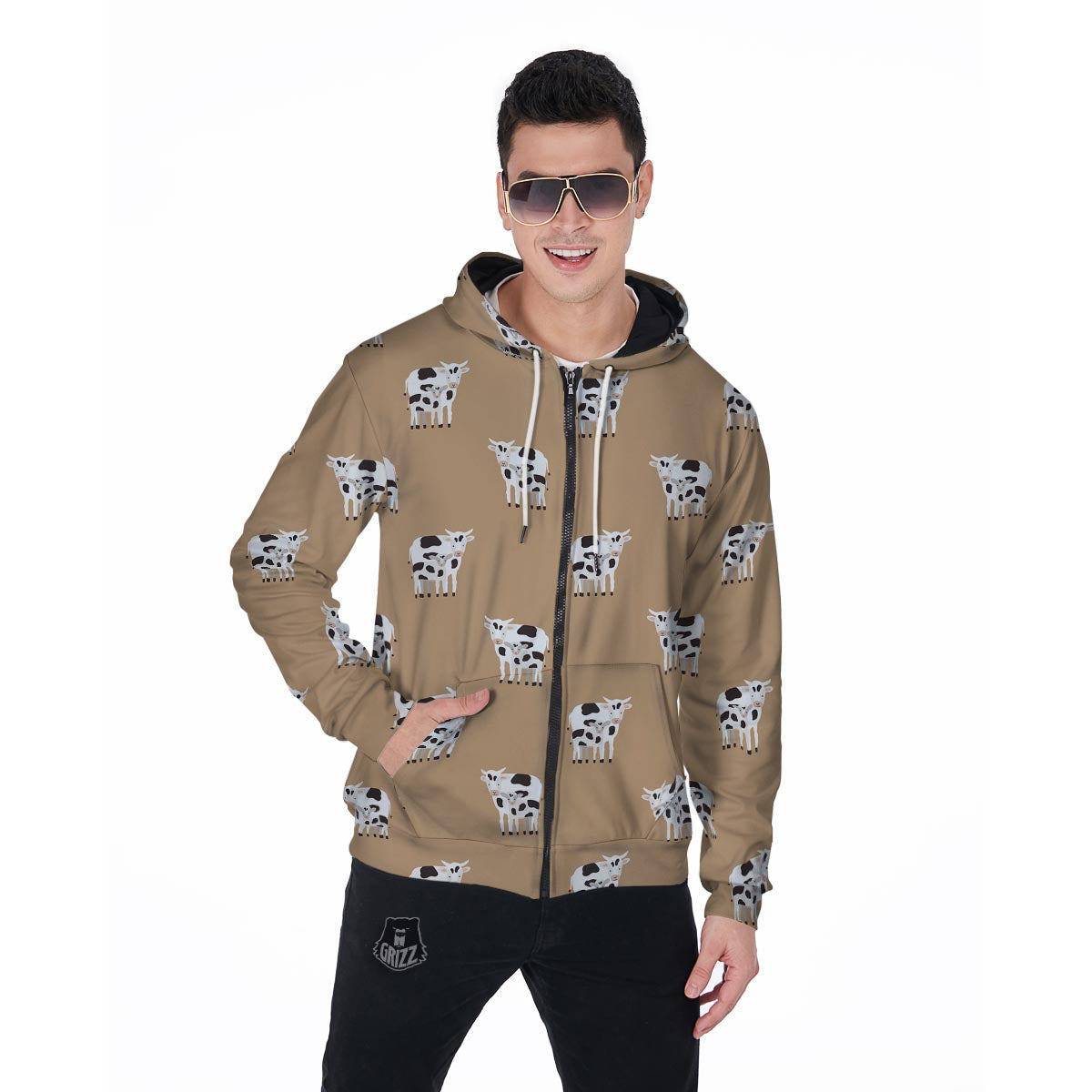 Cow Family Print Men's Zip Up Hoodie-grizzshop
