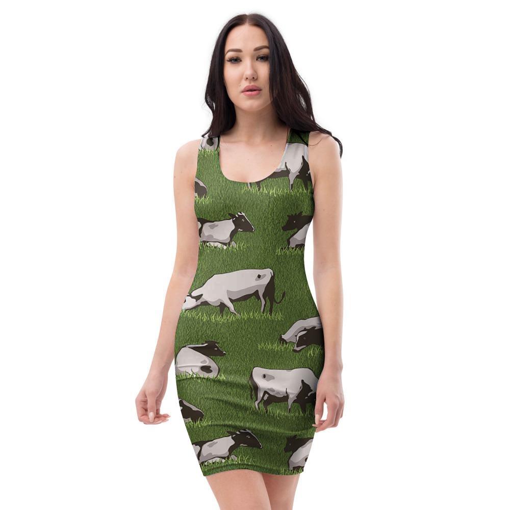 Cow In Grass Print Bodycon Dress-grizzshop