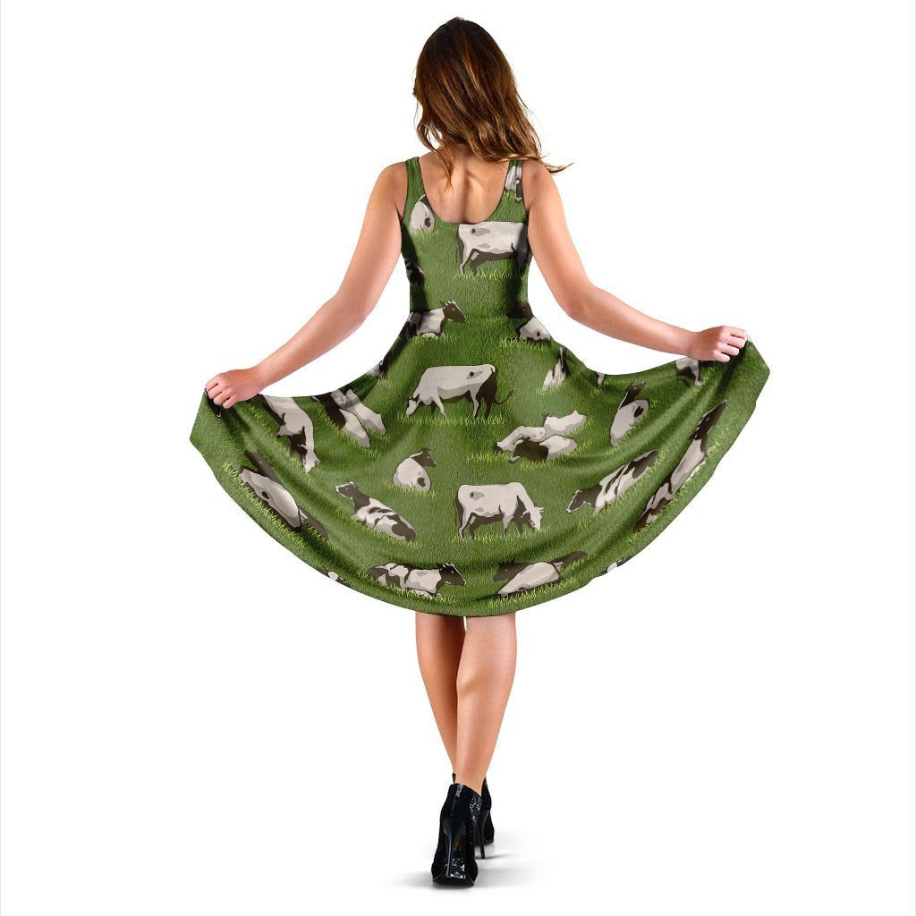 Cow In Grass Print Dress-grizzshop