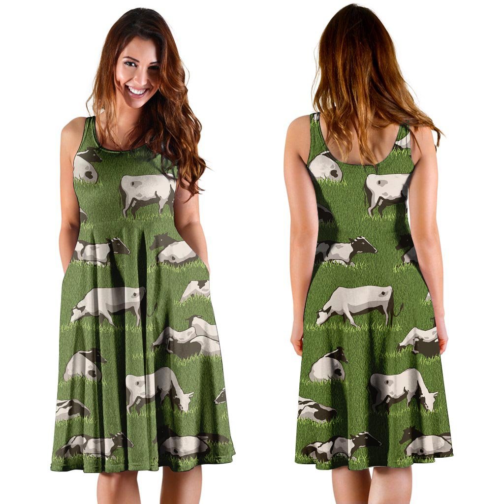 Cow In Grass Print Dress-grizzshop