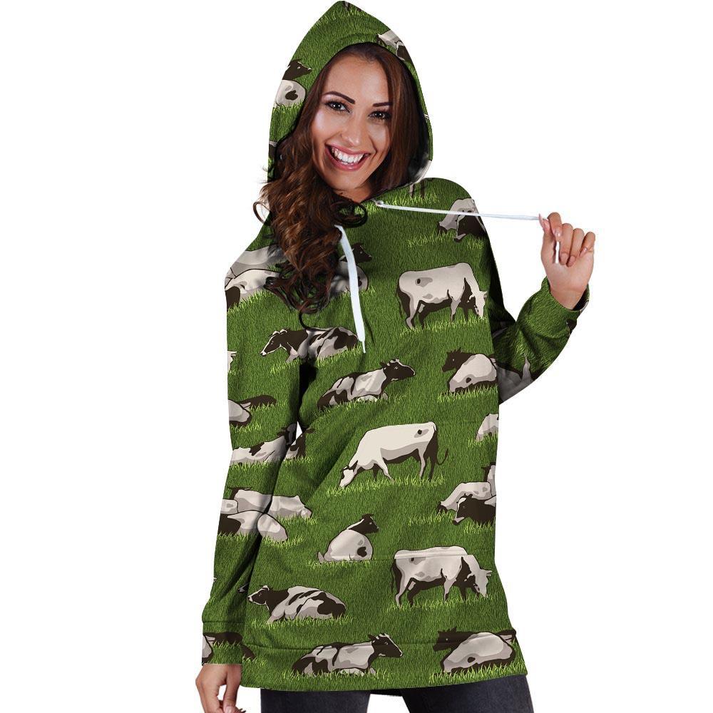 Cow In Grass Print Hoodie Dress-grizzshop