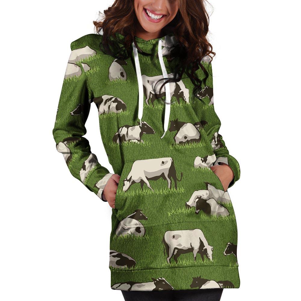 Cow In Grass Print Hoodie Dress-grizzshop